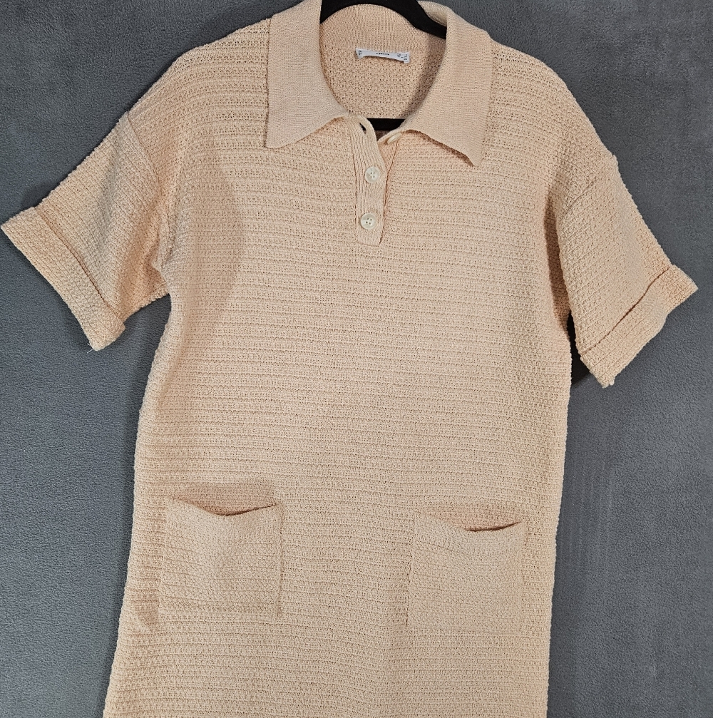 MNG Womens 4 Sweater Dress Vneck Sheath Peach Collar Preppy Pockets Knit Buttons